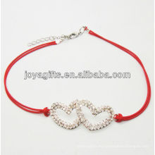 Pulsera tejida roja diamante doble corazón de aleación de corazón